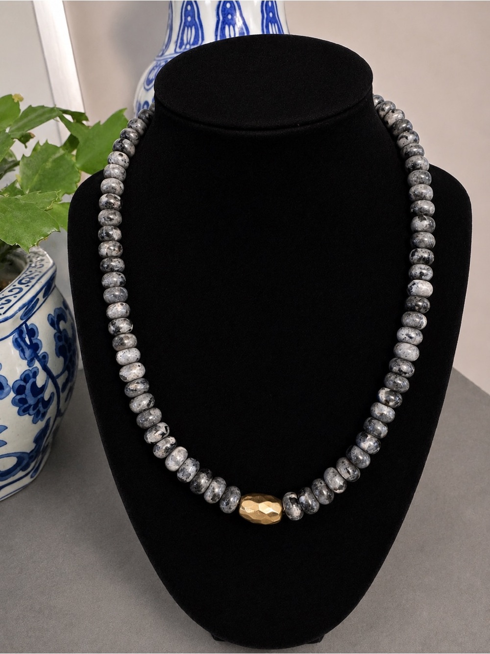 Gray Beaded Necklace with Gold Accent - Women Jewelry